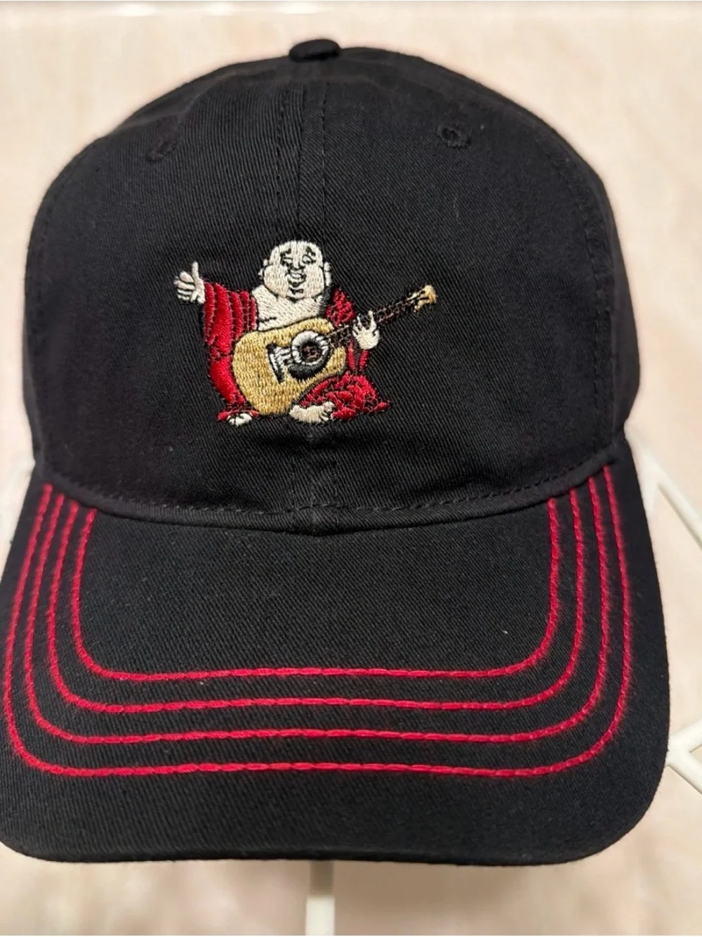 True Religion Black Baseball Cap with Red Stitching and Embroidered Buddha